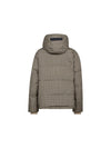 A hooded puffer jacket with a fine brown and beige checkered pattern, shown from the back against a plain white background.
