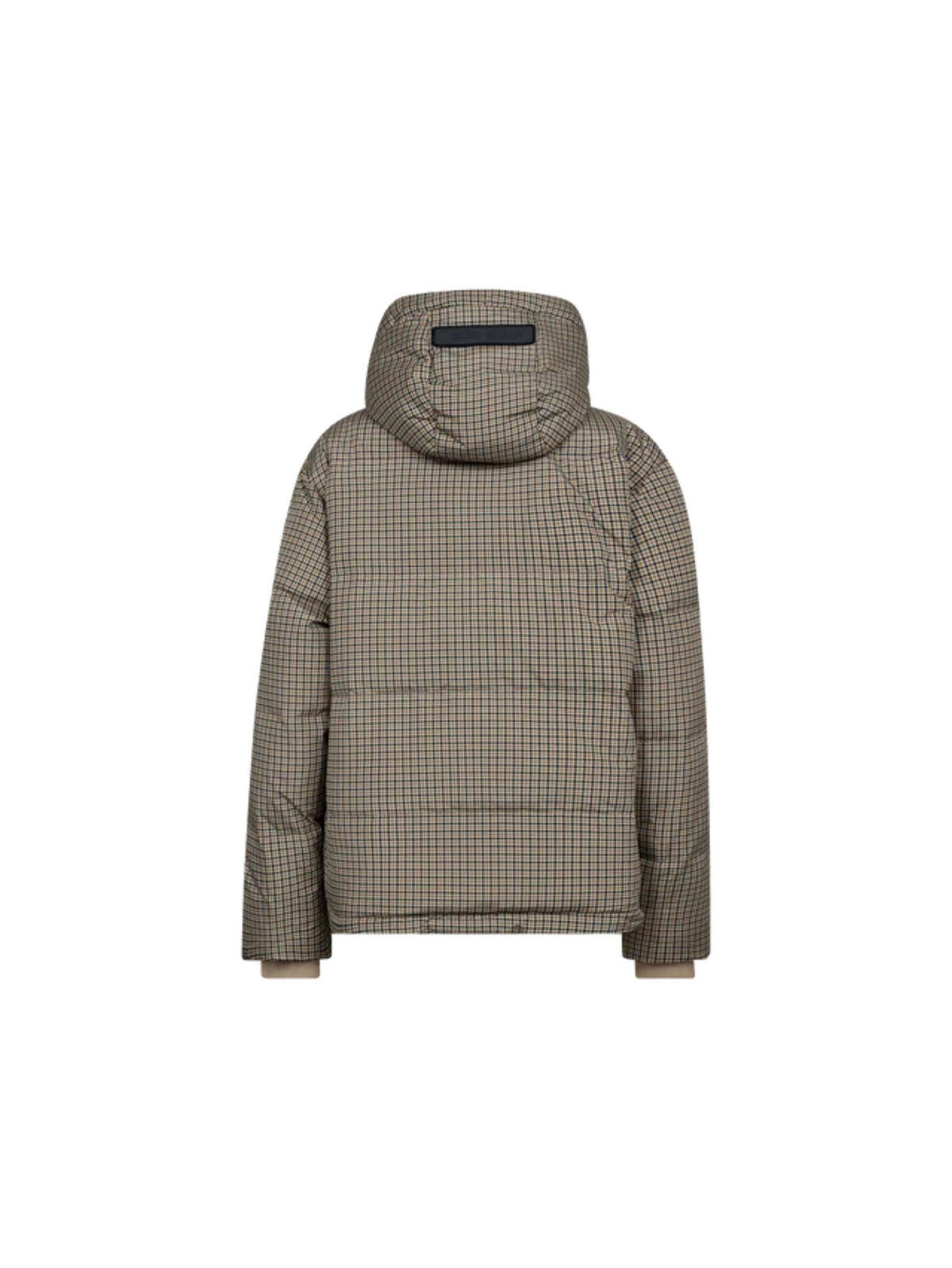 A hooded puffer jacket with a fine brown and beige checkered pattern, shown from the back against a plain white background.