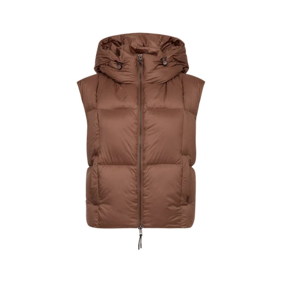 A brown sleeveless puffer vest with a hood and front zipper, shown against a plain white background.