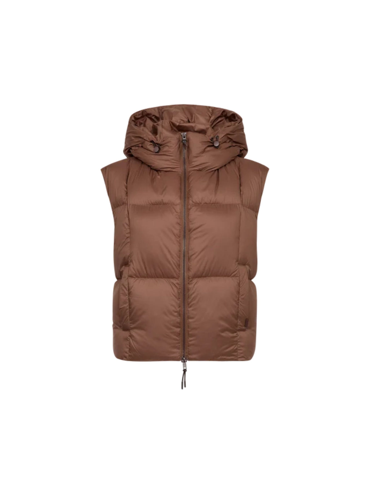 A brown sleeveless puffer vest with a hood and front zipper, shown against a plain white background.