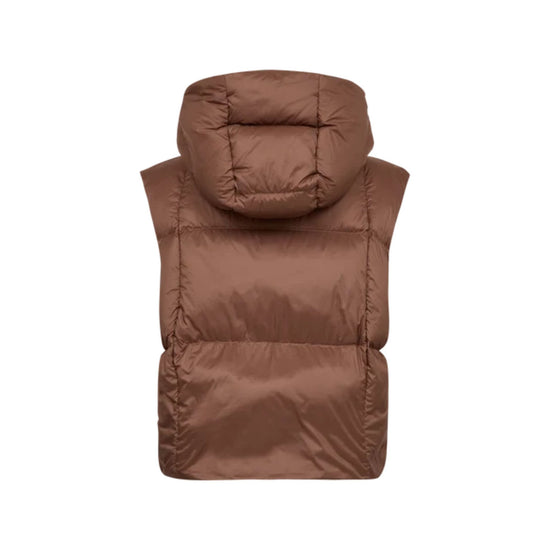A brown puffer vest with a hood, shown from the back against a plain white background.