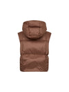 A brown puffer vest with a hood, shown from the back against a plain white background.
