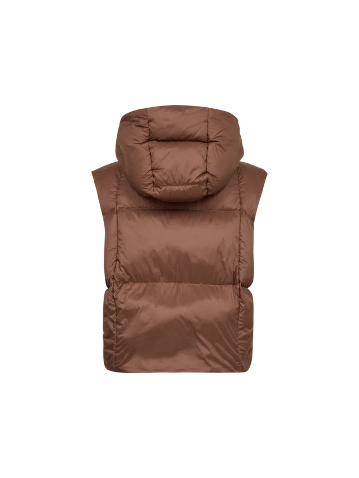 A brown puffer vest with a hood, shown from the back against a plain white background.
