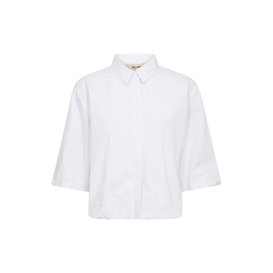 A white short-sleeve button-up shirt with a classic collar, shown against a plain white background.