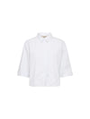 A white short-sleeve button-up shirt with a classic collar, shown against a plain white background.