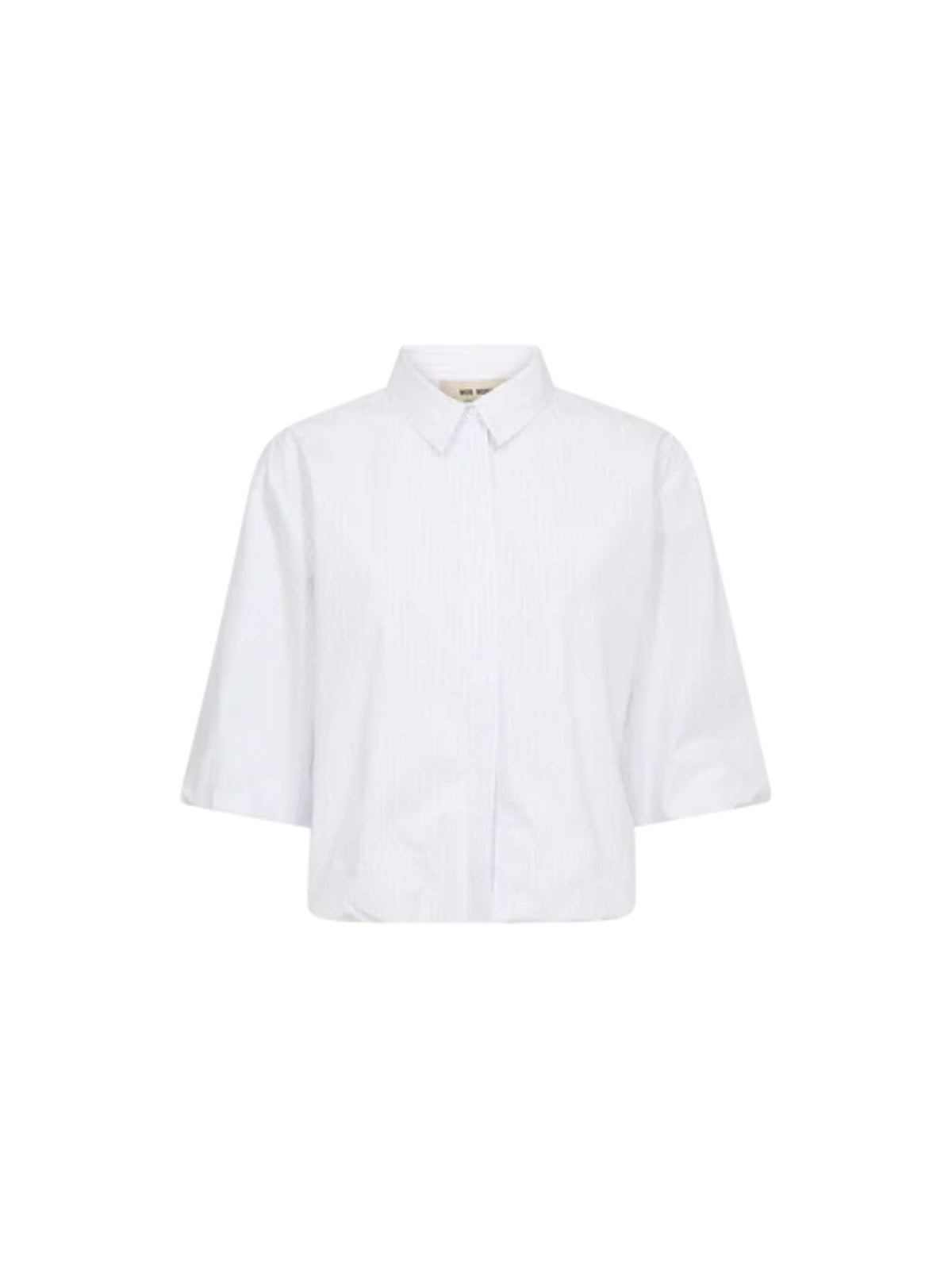 A white short-sleeve button-up shirt with a classic collar, shown against a plain white background.