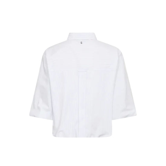 A white long-sleeve button-up shirt shown from the back, featuring a subtle textured stripe pattern and a small silver brand tag at the collar, set against a plain white background.