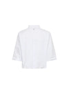 A white long-sleeve button-up shirt shown from the back, featuring a subtle textured stripe pattern and a small silver brand tag at the collar, set against a plain white background.