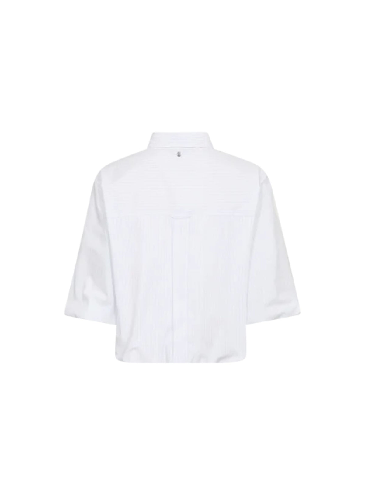 A white long-sleeve button-up shirt shown from the back, featuring a subtle textured stripe pattern and a small silver brand tag at the collar, set against a plain white background.