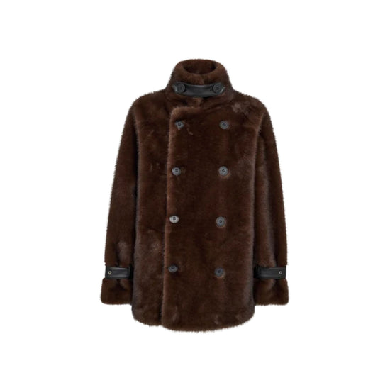 A dark brown faux fur double-breasted coat with black leather trim details on the collar, cuffs, and buttons, shown against a plain white background.