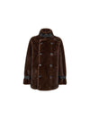 A dark brown faux fur double-breasted coat with black leather trim details on the collar, cuffs, and buttons, shown against a plain white background.