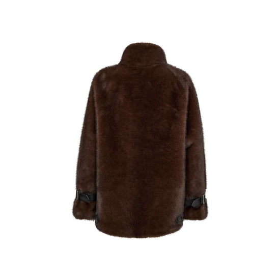 A dark brown faux fur jacket shown from the back, featuring a high collar and black ribbon accents at the cuffs, set against a plain white background.
