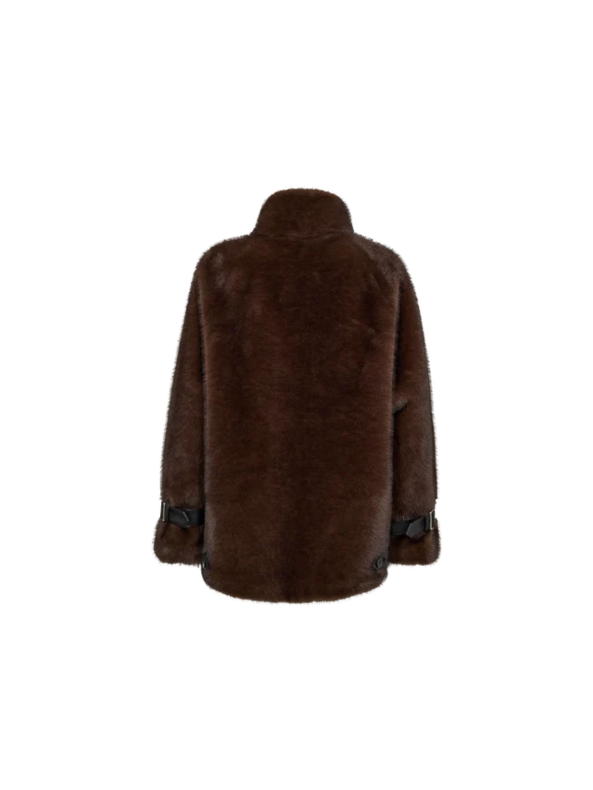 A dark brown faux fur jacket shown from the back, featuring a high collar and black ribbon accents at the cuffs, set against a plain white background.