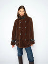 Person wearing a brown fur coat with a white background