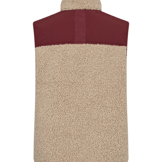 Beige and burgundy two-tone fleece vest on a white background
