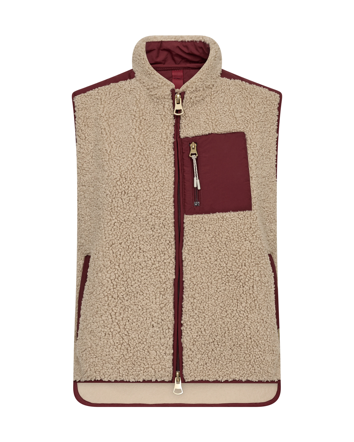 A sleeveless fleece vest in beige sherpa with contrasting burgundy panels on the chest pocket, zipper trim, and inner lining, shown against a plain white background.