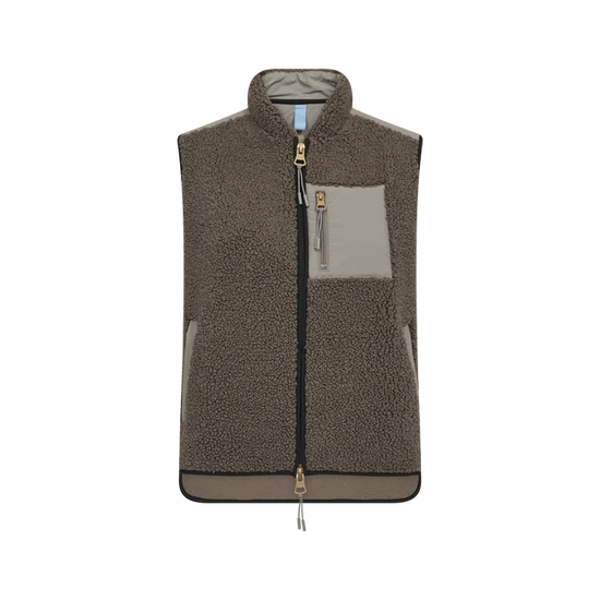 A sleeveless fleece vest in olive with chest pocket and zipper, shown flat against a solid white background.