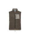 A sleeveless fleece vest in olive with chest pocket and zipper, shown flat against a solid white background.