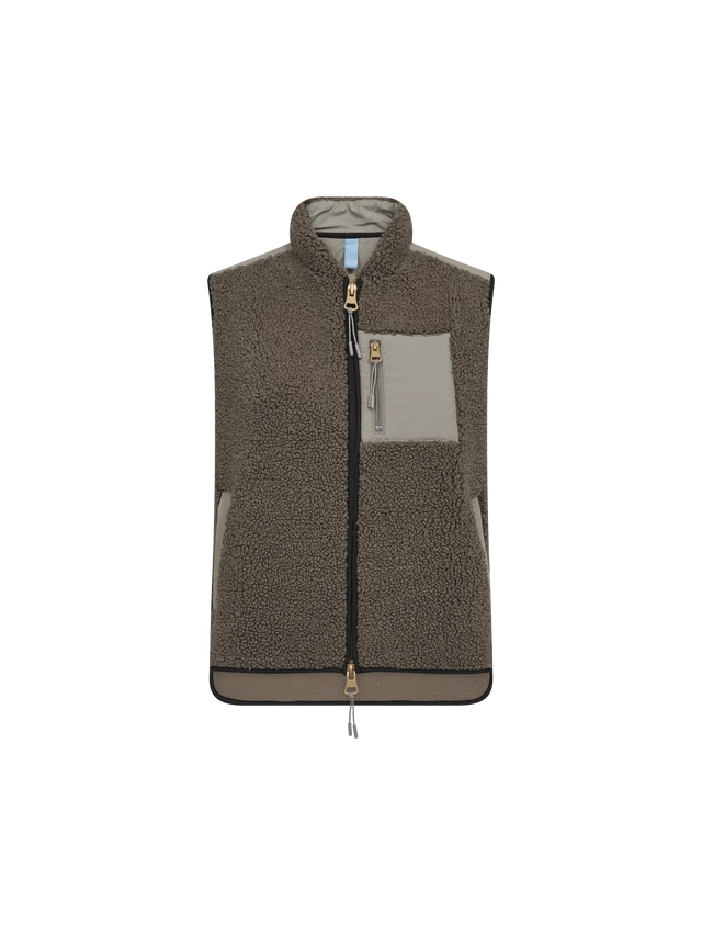 A sleeveless fleece vest in olive with chest pocket and zipper, shown flat against a solid white background.