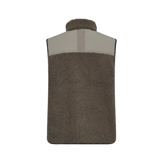 A sleeveless fleece vest in olive with chest pocket and zipper, shown flat against a solid white background.
