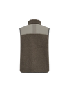 A sleeveless fleece vest in olive with chest pocket and zipper, shown flat against a solid white background.