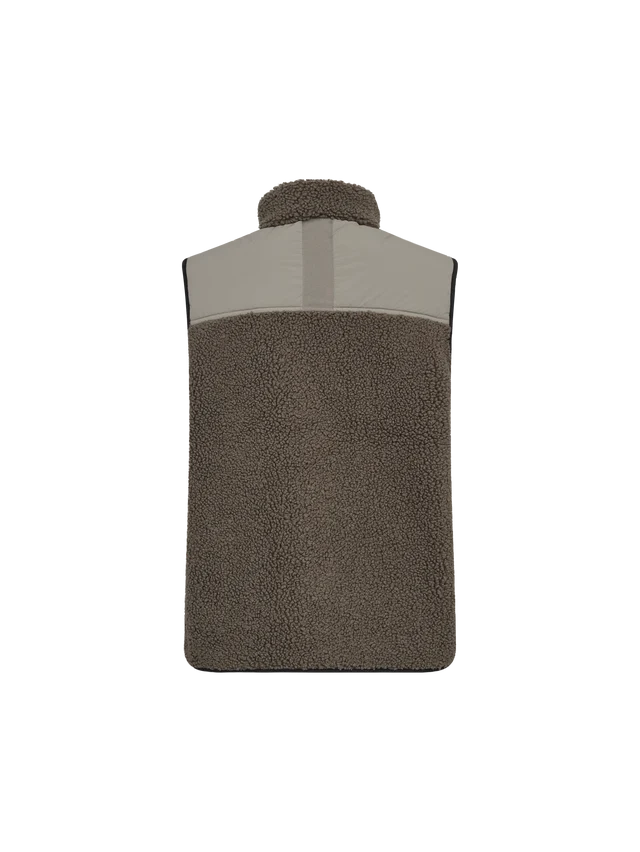 A sleeveless fleece vest in olive with chest pocket and zipper, shown flat against a solid white background.