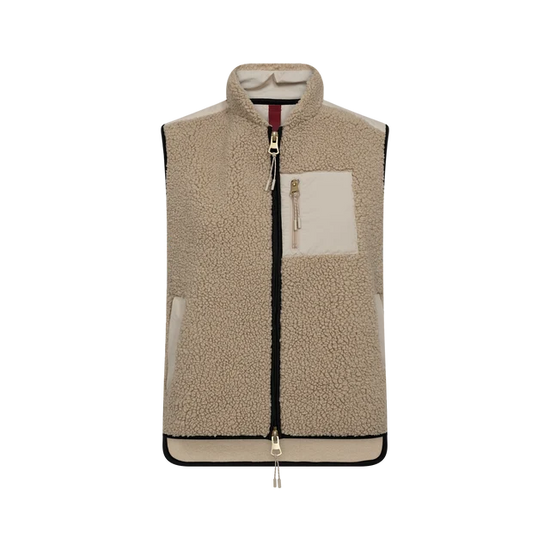 A sleeveless zip-front fleece vest in beige and cream tones, shown flat against a solid white background. The vest features a textured beige fleece body, solid cream panels on the chest and lower hem, a black zipper, and a small red accent tab near the collar.