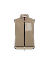 A sleeveless zip-front fleece vest in beige and cream tones, shown flat against a solid white background. The vest features a textured beige fleece body, solid cream panels on the chest and lower hem, a black zipper, and a small red accent tab near the collar.