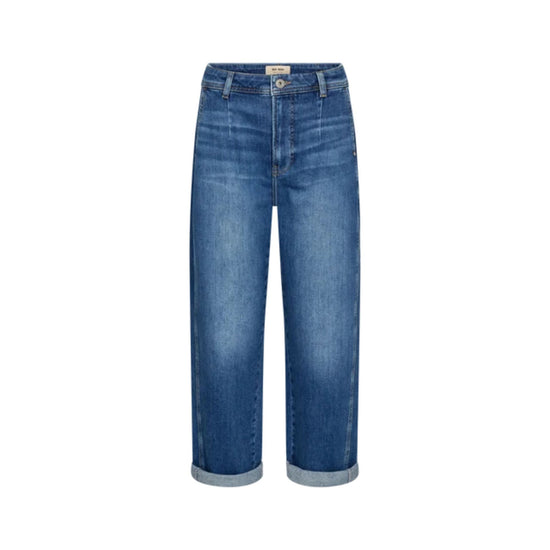 A pair of medium-wash blue denim jeans with rolled cuffs, shown flat against a solid white background.