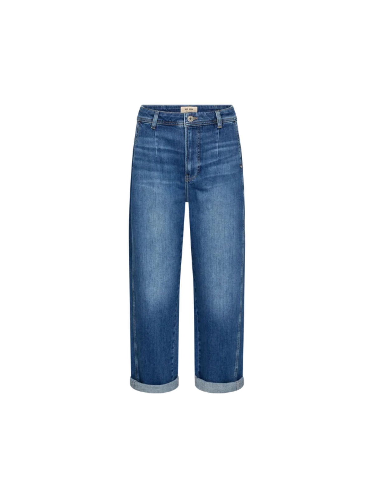 A pair of medium-wash blue denim jeans with rolled cuffs, shown flat against a solid white background.