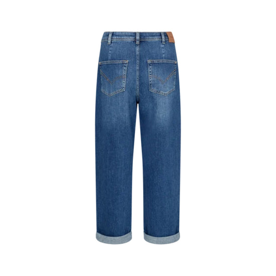 Blue denim  jeans with a straight-leg fit, cuffed hems, and back pockets, shown from the back on a white background.