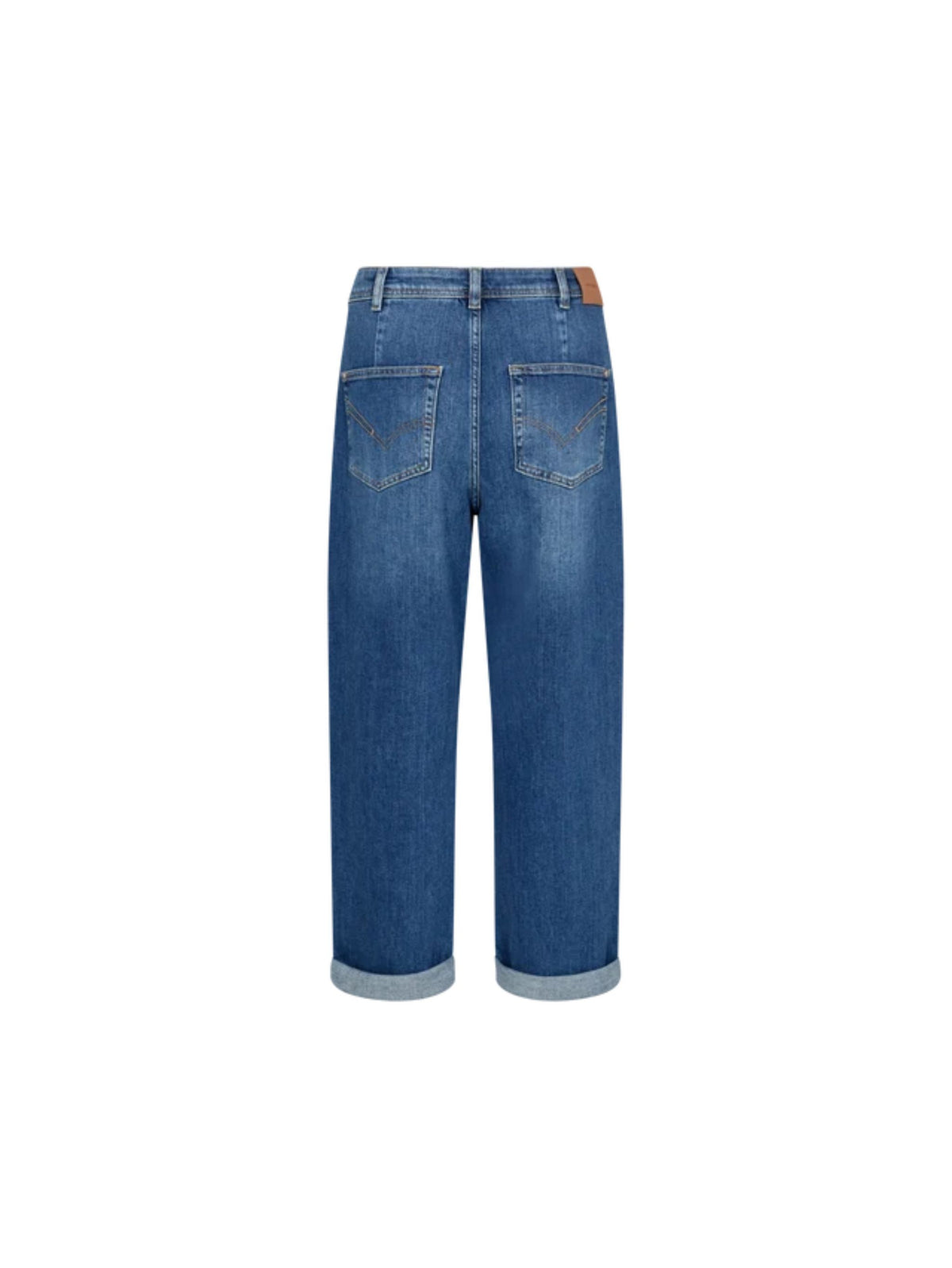 Blue denim  jeans with a straight-leg fit, cuffed hems, and back pockets, shown from the back on a white background.