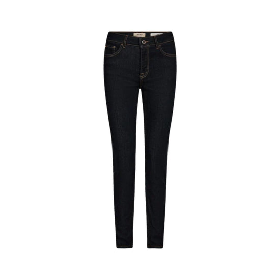 Dark wash skinny jeans shown flat against a solid white background.