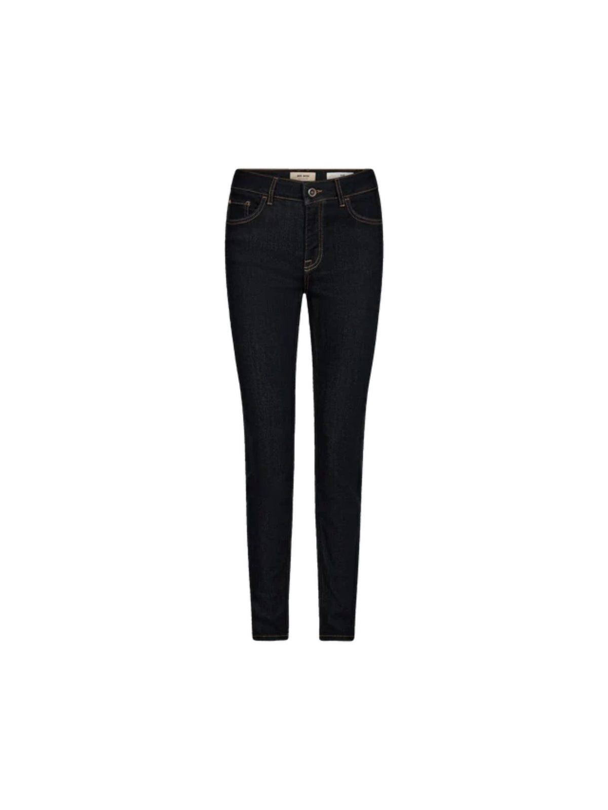 Dark wash skinny jeans shown flat against a solid white background.