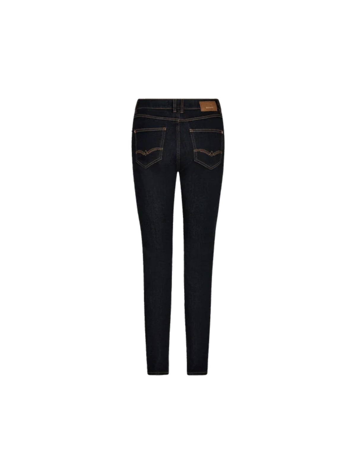 Rear view of dark wash skinny jeans with contrast tan stitching and a brown leather patch on the back waistband, shown against a plain white background.