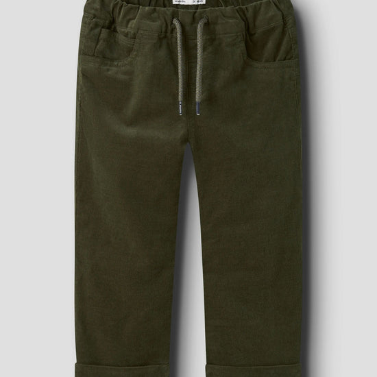 A pair of dark olive green corduroy pants for toddlers, featuring an elastic waistband with a drawstring, side pockets, and rolled cuffs, shown against a light gray background.