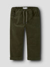 A pair of dark olive green corduroy pants for toddlers, featuring an elastic waistband with a drawstring, side pockets, and rolled cuffs, shown against a light gray background.