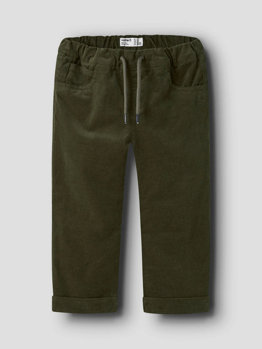 A pair of dark olive green corduroy pants for toddlers, featuring an elastic waistband with a drawstring, side pockets, and rolled cuffs, shown against a light gray background.