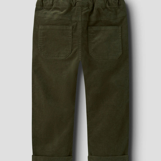 A pair of dark olive green pants shown from the back, featuring an elastic waistband, two large patch pockets, and rolled cuffs, displayed on a neutral gray background.