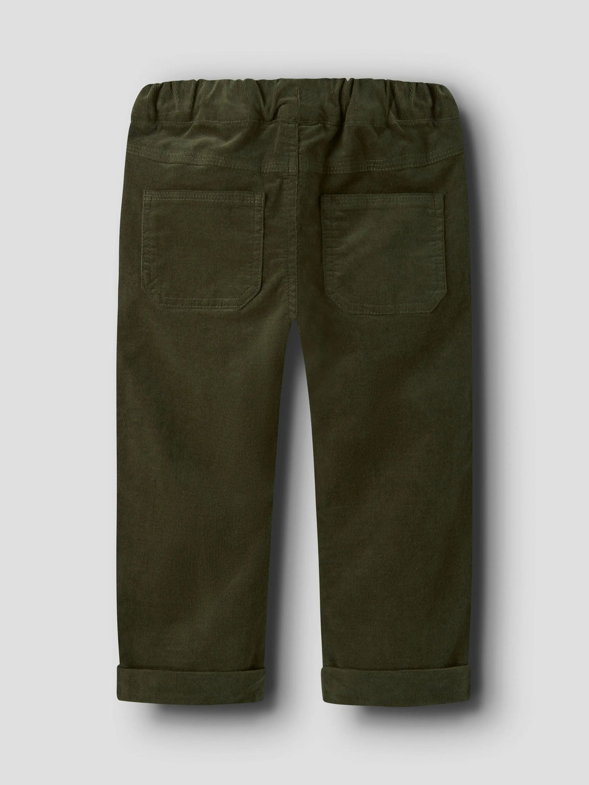 A pair of dark olive green pants shown from the back, featuring an elastic waistband, two large patch pockets, and rolled cuffs, displayed on a neutral gray background.