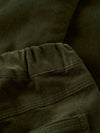 Close-up of dark olive green corduroy fabric showing the ribbed texture and stitched seam details.