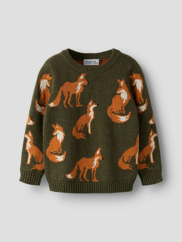 An olive green knit sweater featuring an all-over pattern of orange and white foxes, displayed against a neutral light gray background.