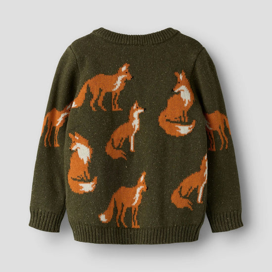 An olive green knit sweater featuring a pattern of orange and white foxes, shown from the back against a light gray background.