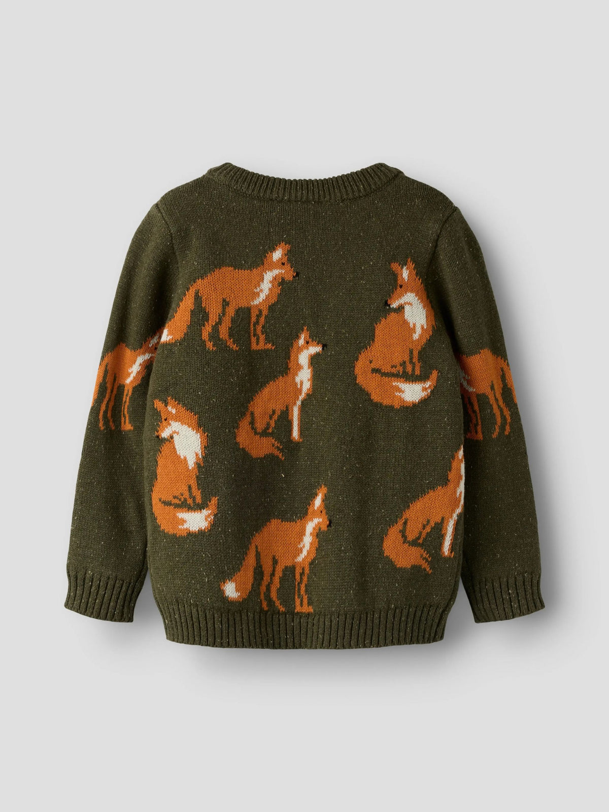 An olive green knit sweater featuring a pattern of orange and white foxes, shown from the back against a light gray background.