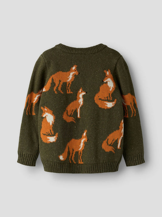 An olive green knit sweater featuring a pattern of orange and white foxes, shown from the back against a light gray background.