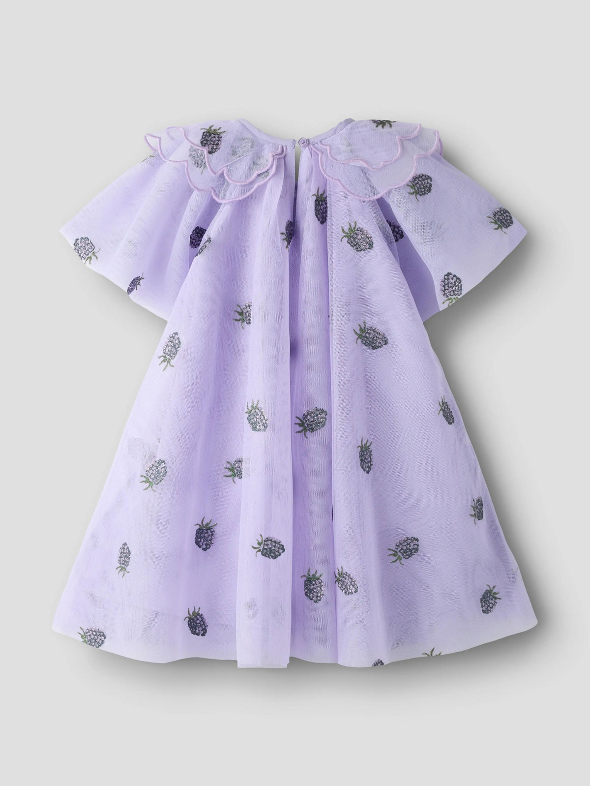 Lavender dress with black floral patterns on a light gray background