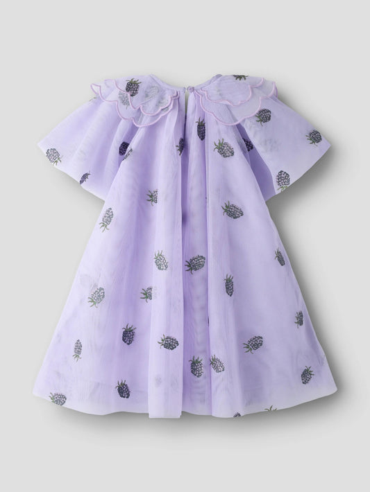 Lavender dress with black floral patterns on a light gray background