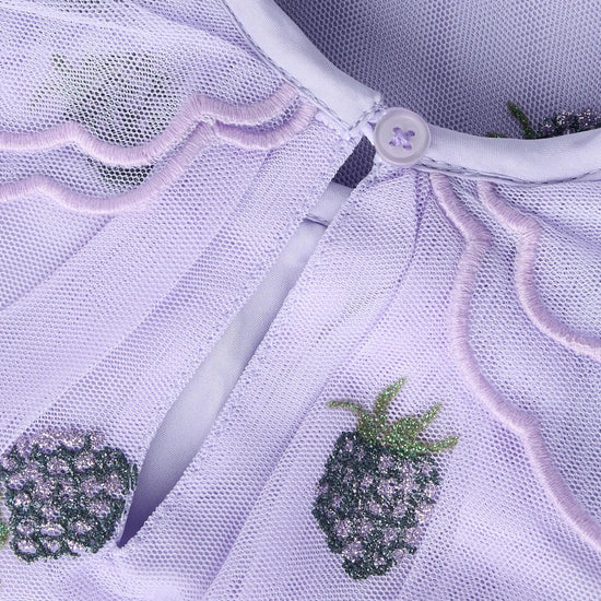 Close-up of a light lavender mesh garment with scalloped embroidered trim and embroidered pineapple motifs in green and lavender.
