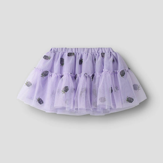 A light purple tiered tulle tutu skirt with small black embroidered pinecone motifs, displayed against a solid light gray background.
