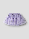 A light purple tiered tulle tutu skirt with small black embroidered pinecone motifs, displayed against a solid light gray background.